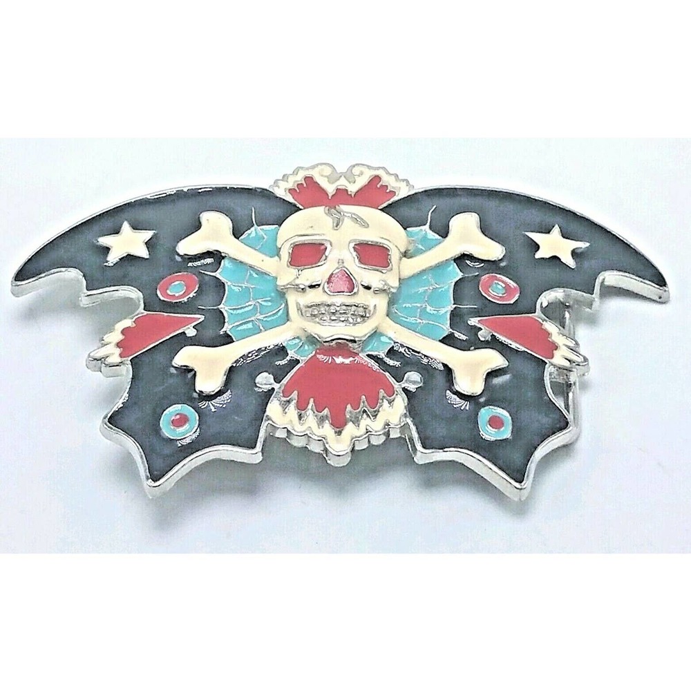 Large Size Chrome & Enamel SKULL & CROSSBONES Belt Buckle EUC 4 7/8" x 3"